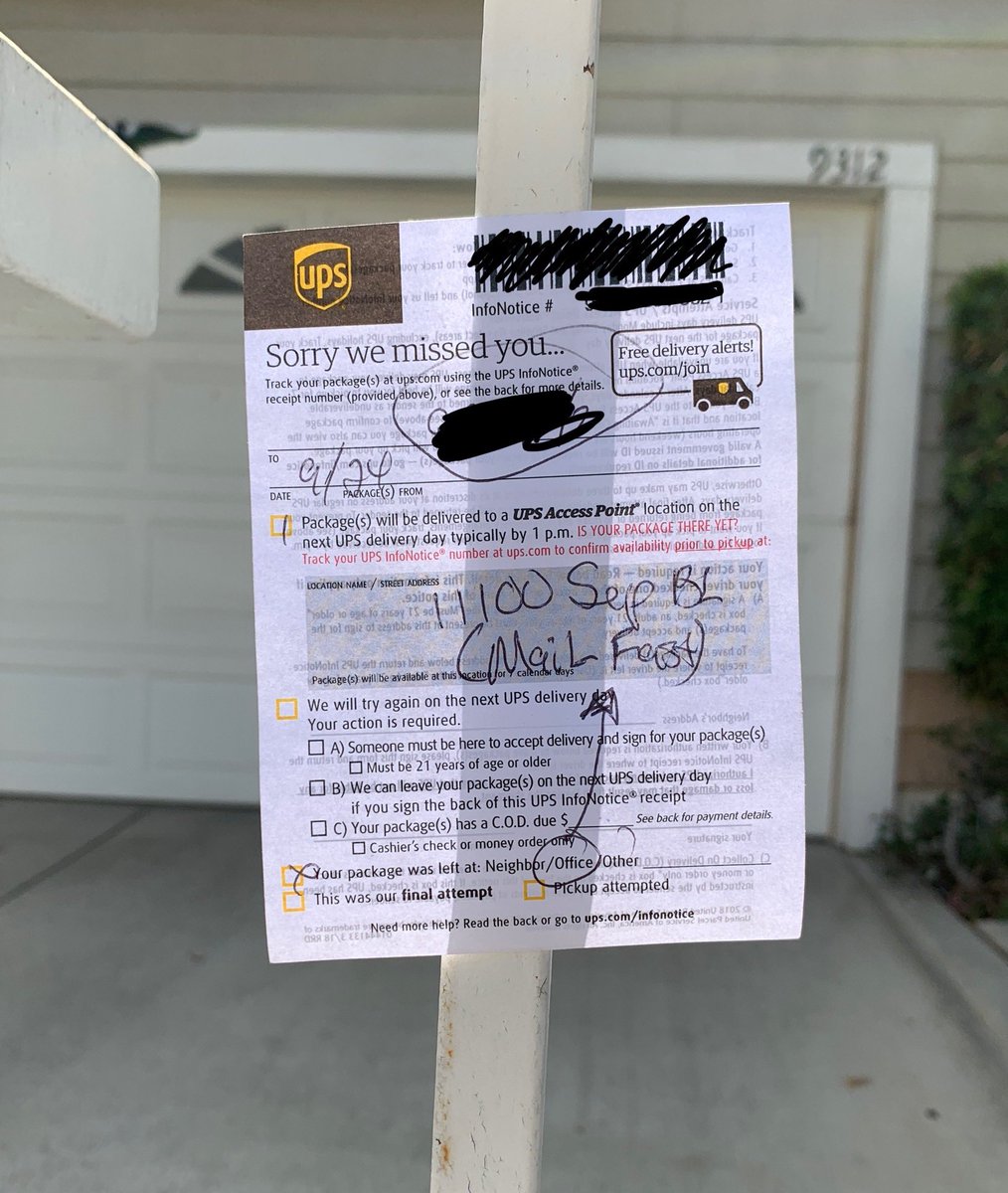 sdub74's tweet image. Another day, another #UPSfail by the local ⁦@UPS⁩ driver. Despite creating a My Choice account and uploading my gate code, the driver didn’t even try to deliver the package and stuck this notice on the outside of the gate at 7:50pm.