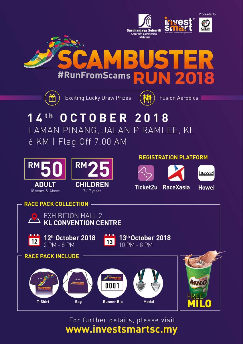 InvestSmart_SC's tweet image. CHALLENGE YOUR LIMITS! WITH 6KM/4KM SCAMBUSTER RUN! DEADLINE EXTENDED TO 30 SEPT 2018! STAY HYDRATED WITH FREE MILO &amp;amp; STAND A CHANCE TO WIN AN EXCITING PRIZE! REGISTER YOUR PARTICIPATION TODAY! 
#RunFromScams #investsmartsc #bijaklabur #seccommy #scambusterrun2018