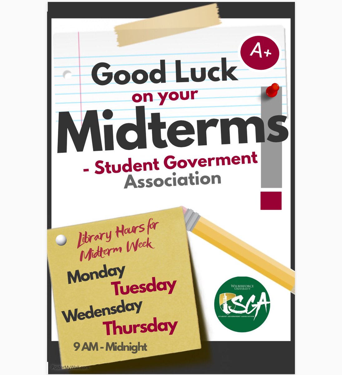 wilberforce_sga's tweet photo. Study hard and best of luck on your midterms this week! LRC & Library will be open until midnight every day until Thursday. Your GPAs matter! #legendaryadmin https://t.co/m3uZlSABgx