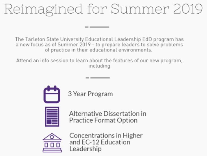 TarletonEDLT's tweet photo. Recruiting for the 2019 cohort of the reimagined EdD in Educational Leadership program @TarletonFW &amp; @TarletonWaco. Come learn more from faculty at an info session in Fort Worth, Waco, Stephenville, or online - https://t.co/SKCRh4Uy7b https://t.co/QhhRBOPm9K