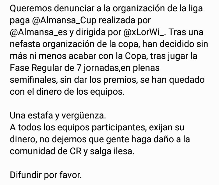 Lamentable que aún pasen cosas así. @xLorWi_ organizador de la @Almansa_Cup Liga PAGA suspendió la competencia en la fase final, y sin dar explicaciónes.
A todos los equipos participantes de esta Copa, exijan reembolso de su dinero.

Difundir 🔄!!