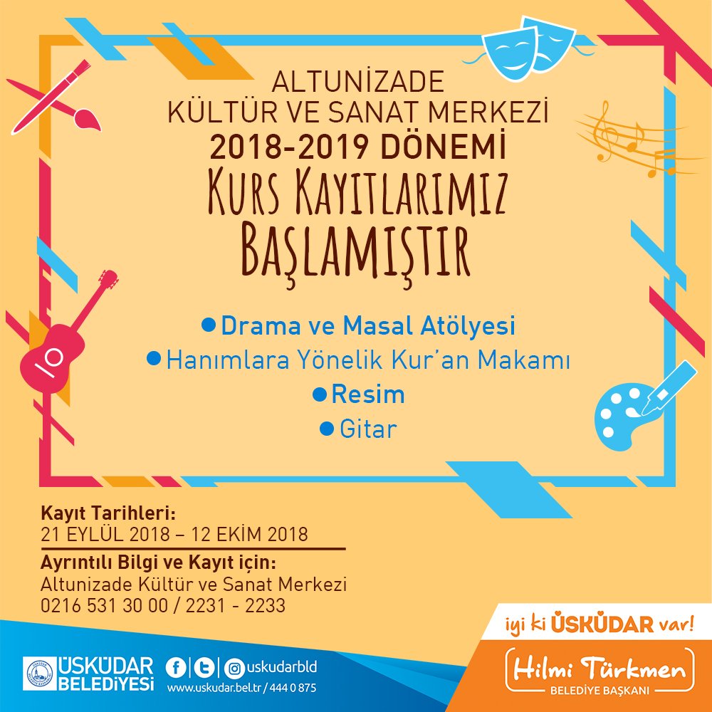 uskkultursanat's tweet image. Altunizade Kültür ve Sanat Merkezi 2018-2019 Dönemi Kurs Kayıtlarımız Başlamıştır
Ayrıntı bilgi ve kayıt için: 02165313000 / 2231 - 2233
@hilmiturkmen34 @uskudarbld
#iyikiüsküdarvar #üsküdar #kurskayıt #kurs #ucretsız #ucretsızegıtım