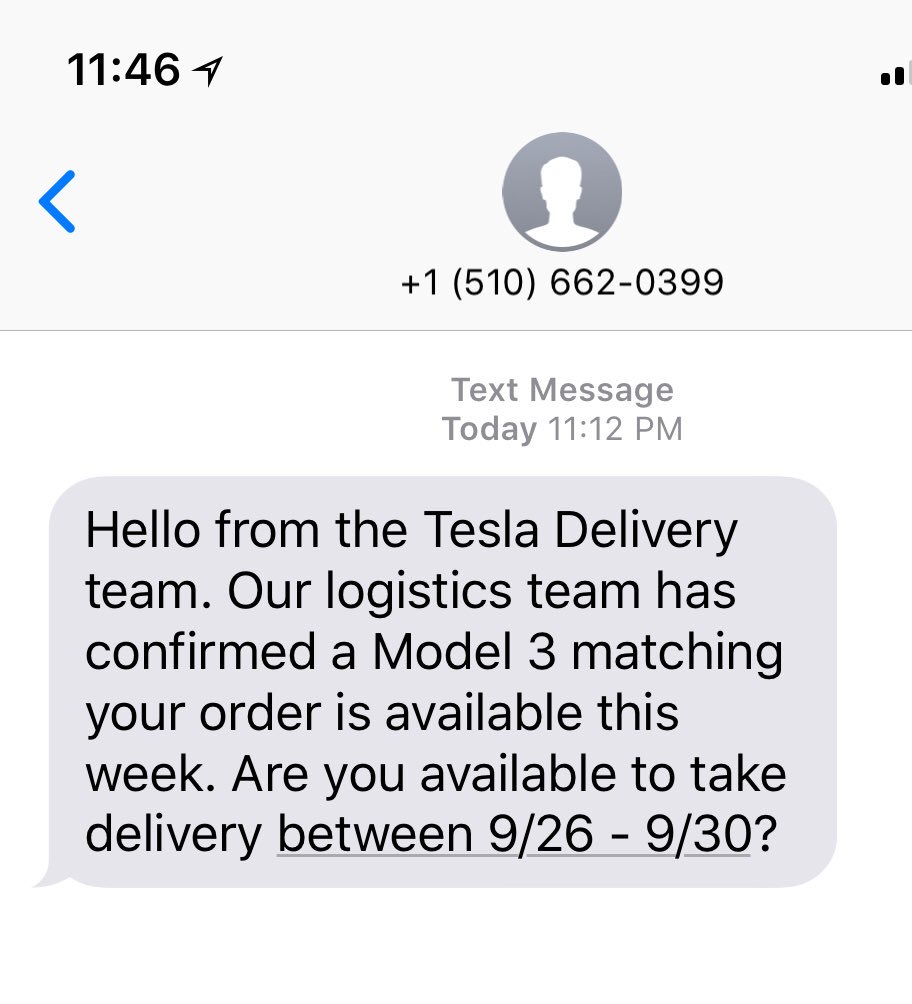 AdAstraGuy's tweet photo. Please advise @Tesla @elonmusk A number of us waiting for our Model 3 received this text tonight regarding delivery. Is this legit? @Model3Owners @ElectrekCo https://t.co/76yux1I5yc