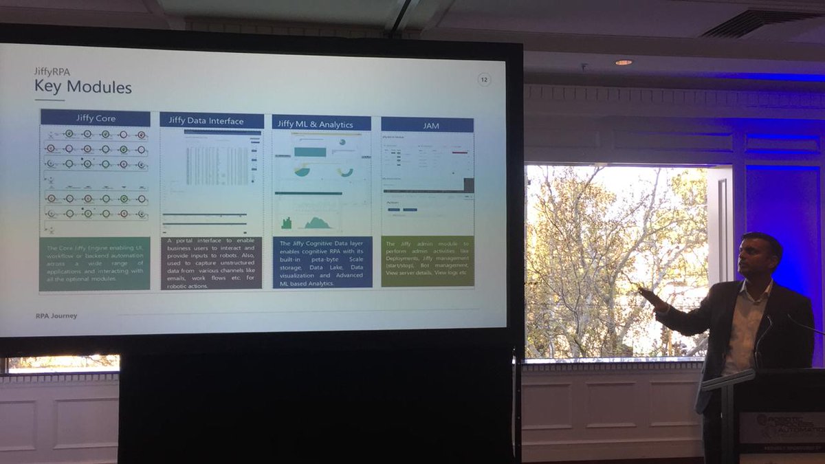 Jiffyai's tweet image. Our co-founder and Head of Sales @Kris_O3 explaining the key modules of #JiffyRPA at #RPAMelbourne. 
.
.
.
#RPA #Automation #IntelligentAutomation #machinelearning