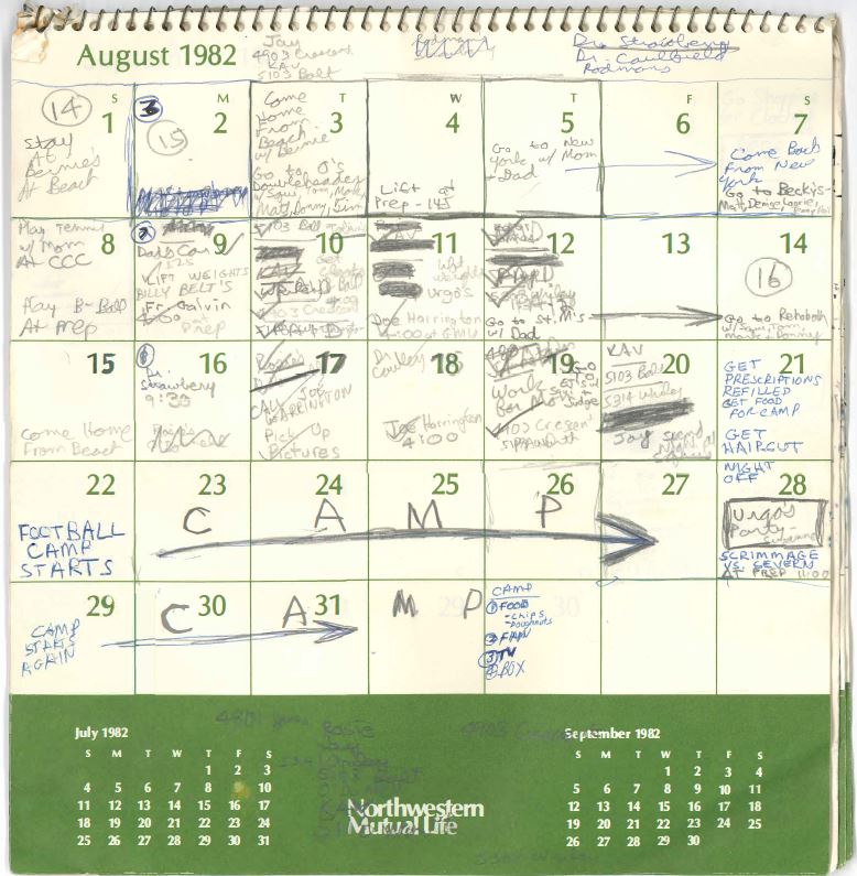 Journo_Christal's tweet image. Here is Brett Kavanaugh's 1982 calendar that he gave the Senate Judiciary Committee in an attempt to prove the decades-old sexual allegations made against him by Christine Blasey Ford are false. @USATODAY