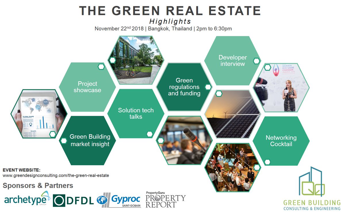 Check out the key highlights of our upcoming Green Real Estate event, Nov 22nd in Bangkok.
Event Official Website: greendesignconsulting.com/the-green-real… #WGBW2018 #thegreenrealestate #greenbuilding #thailand #propertydevelopment #marketinsight #techtalk #WorldGreenBuildingWeek #smartandgreen