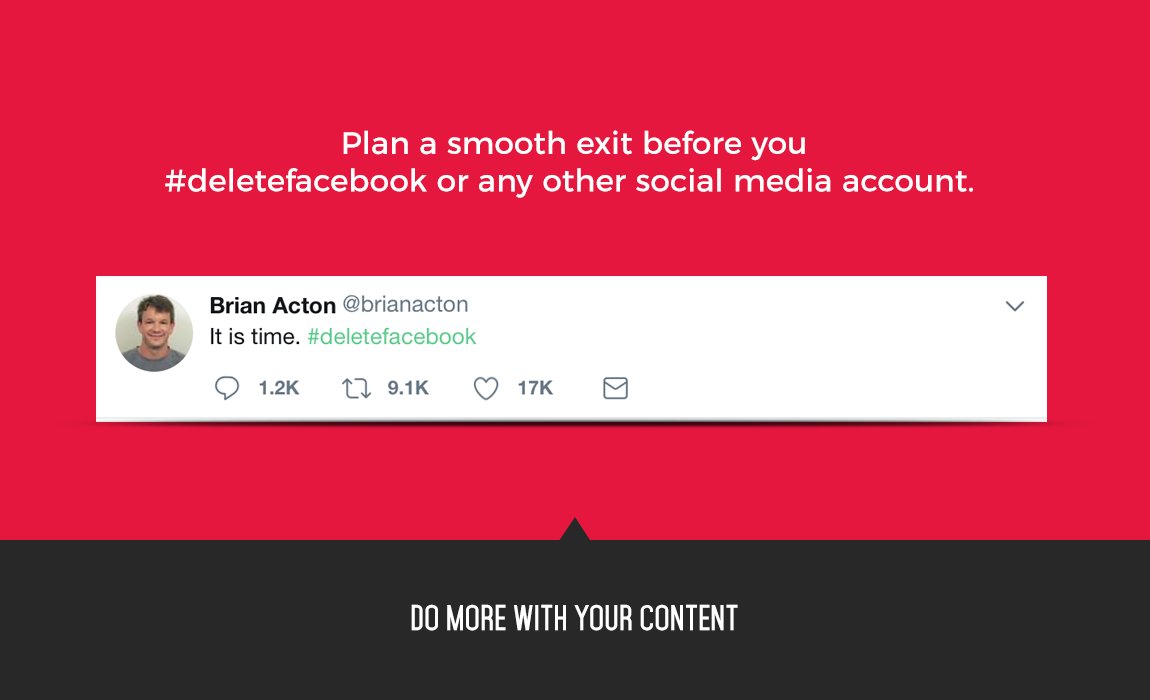 SM2p0's tweet photo. Plan a smooth exit before you #deletefacebook or any other social media account. Use a Social Media Engine to download and create a repository of your digital content.

https://t.co/xqE7PuaDEn

#SM2p0 #FacebookDown #SocialMedia #Content #DigitalMarketing #SearchEngineOptimization https://t.co/6yVWJXmxOf