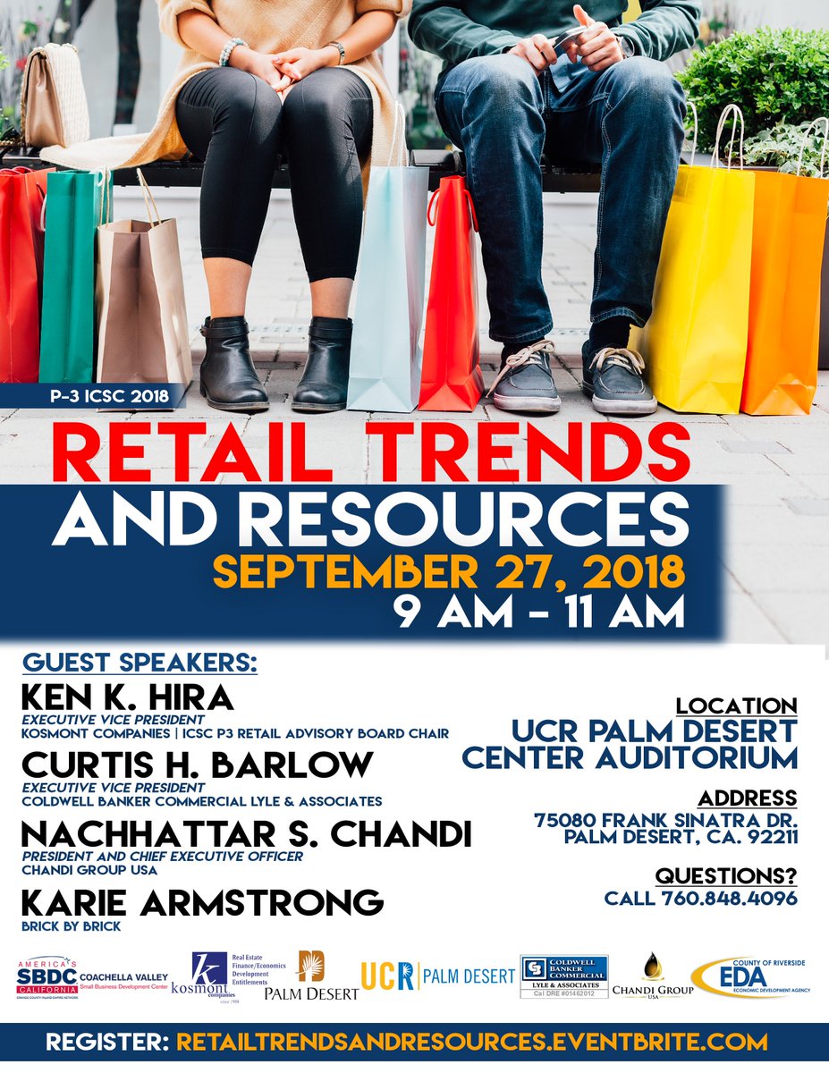 KosmontTweets's tweet image. Join Ken K. Hira at 9am on Sept. 27 at the UCR Palm Desert Auditorium for the Retail Trends &amp;amp; Resources Workshop to learn how you can track current trends locally and nationally. Register here: eventbrite.com/e/retail-trend…  #KosmontRetailNOW!