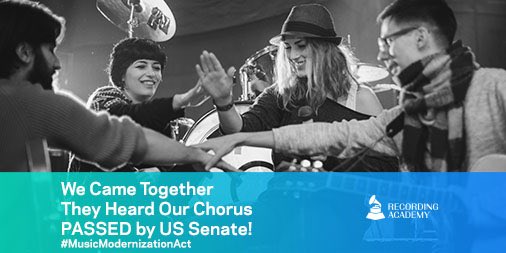 Today we all made music history! Thanks to our members’ <a href="/GRAMMYAdvocacy/">GRAMMY Advocacy</a> efforts the #MusicModernizationAct PASSED THE SENATE. We did it!