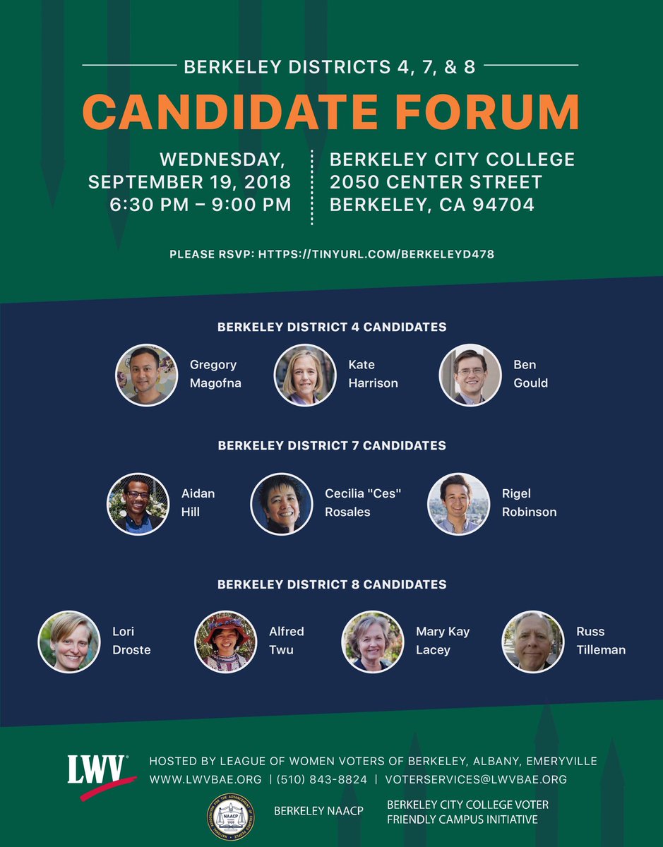 bcc_pres's tweet image. Excited that #berkeleycc Voter Friendly Campus initiative has partnered with the League of Women Voters of Albany, Berkeley, and Emeryville!  Join us for Berkeley Districts 4,7, and 8 Candidate Forum 9-19 at #WeAreBCC