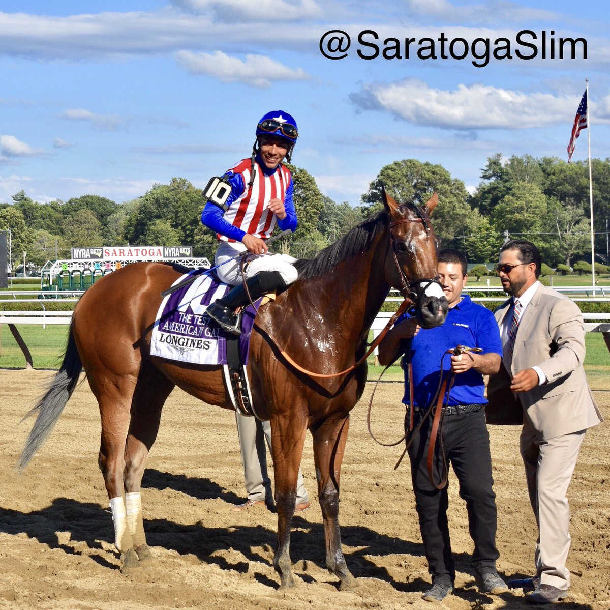 SaratogaSlim's tweet photo. Happy retirement to Grade 1 #Test & #HumanaDistaff winner AMERICAN GAL!
Here she is after her two career-defining wins at a sunny #Saratoga & rainy @ChurchillDowns with a celebratory @jose93_ortiz! https://t.co/U7UYu1bKMj