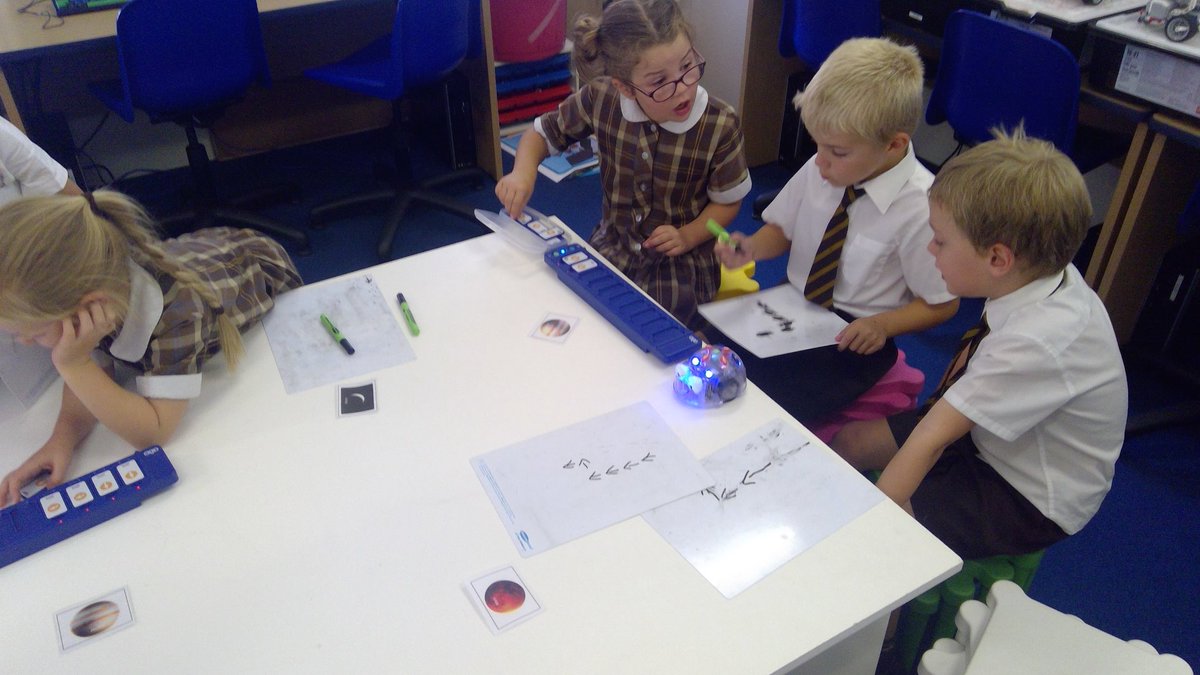 Mr_Fairbairn's tweet photo. Year 2 have been busy bee bots this week. Working collaboratively to predict and create an algorithm to travel from Earth ➡ Moon ➡then back to Earth via Mars to refuel. #SwitchedOnComputing @mberry @StHilarysSchool @KS1StHilarys https://t.co/zPRPm65oDv