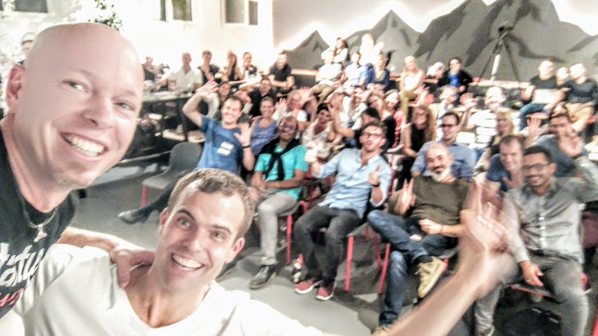 david_a_butler's tweet photo. #moderatorselfie at @StartupGrindZUR #fullhouse 5 year anniversary, w/ @tobiasrein of @getyourguide - #StartupGrind #swiss #startup #Zurich https://t.co/I4fPcQdehc