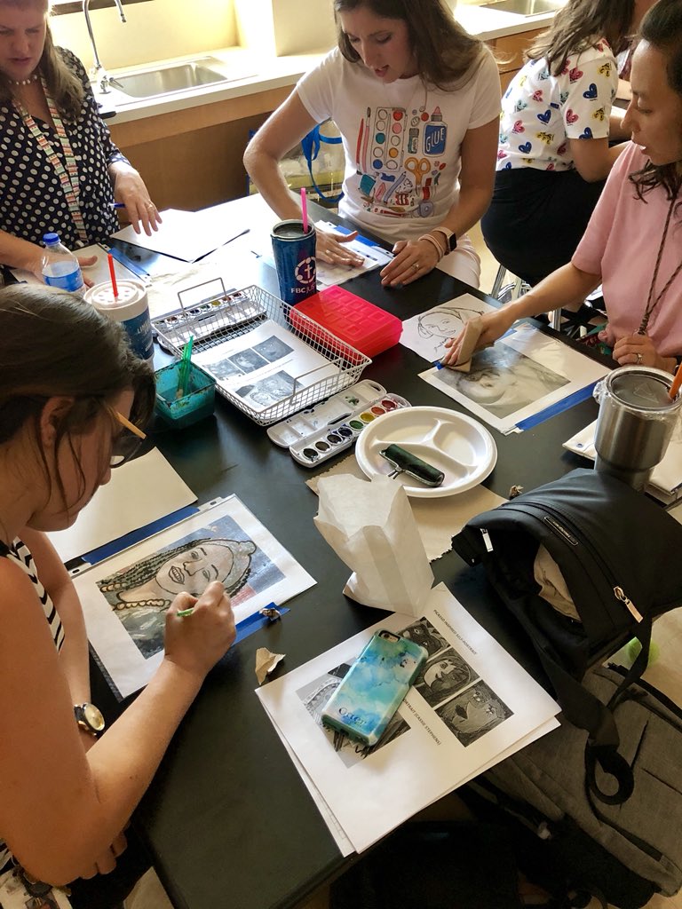 afolandart's tweet photo. Elementary art teachers getting creative while learning about new lessons at our Beck Art PLC #monotype #portraits @backbeckart @BeckElem @NISDFineArts https://t.co/dwNfiOBA9z