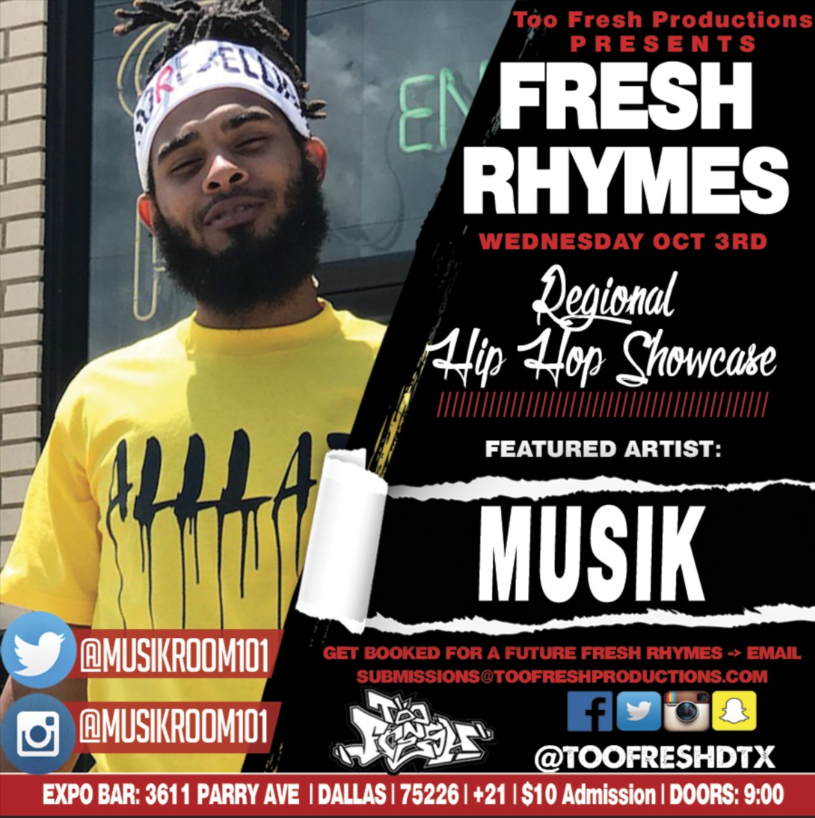 TooFreshDTX's tweet photo. Catch @Musikroom101 #FreshRhymes October 3rd at @ExpoBarDallas. Check out his music -> https://t.co/XYOFUzg8Ro Now Booking for our November showcase! Shoot us an email at lock in your slot! #DallasHipHop #DFWHipHop #DallasRaps #DFWRaps https://t.co/jvS2QFIRYV