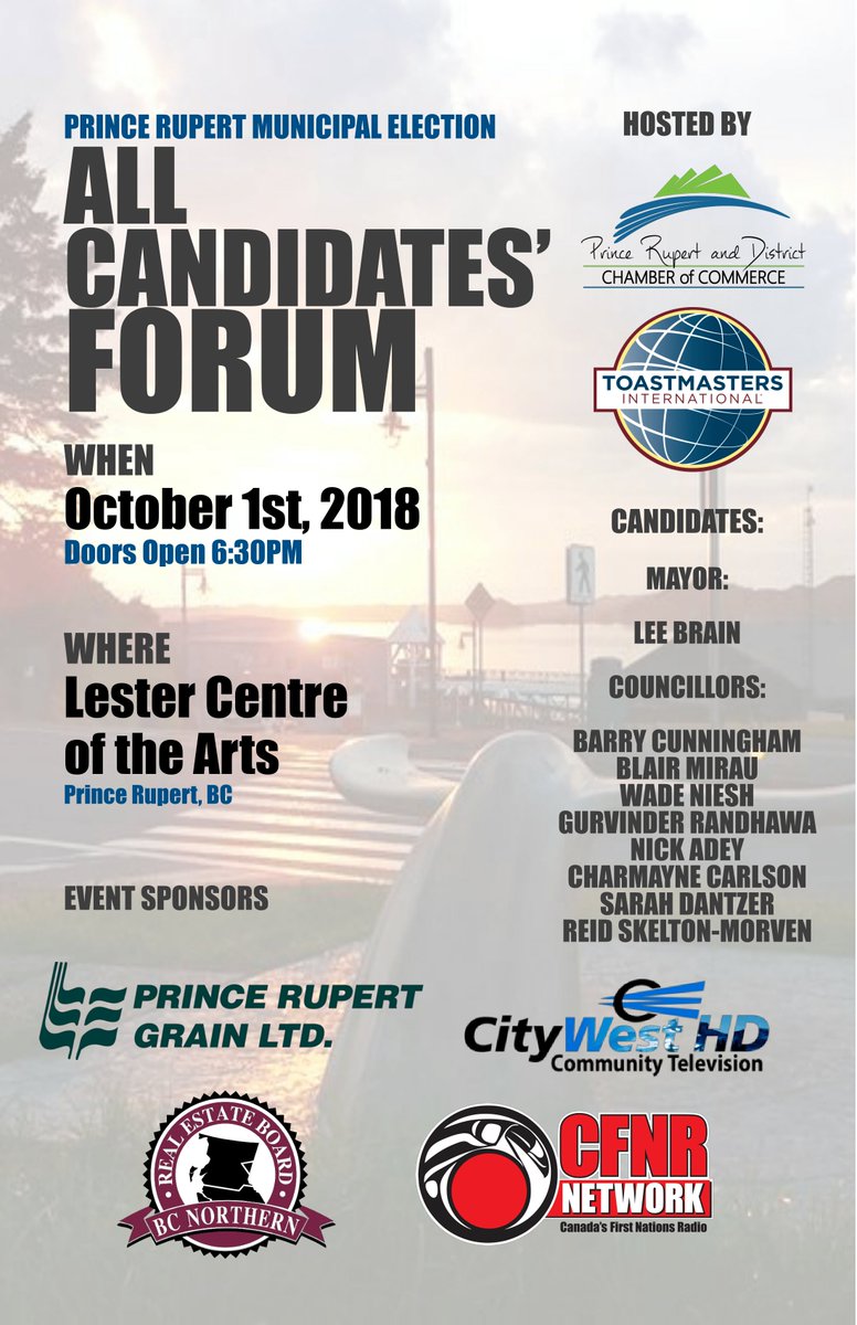 We are teaming up with the Toastmasters of Prince Rupert to host this years All Candidates Forum! If you would like to know our local mayor and potential council representatives thoughts on certain local issues and their future plans, then attend this forum! #VotePrinceRupert
