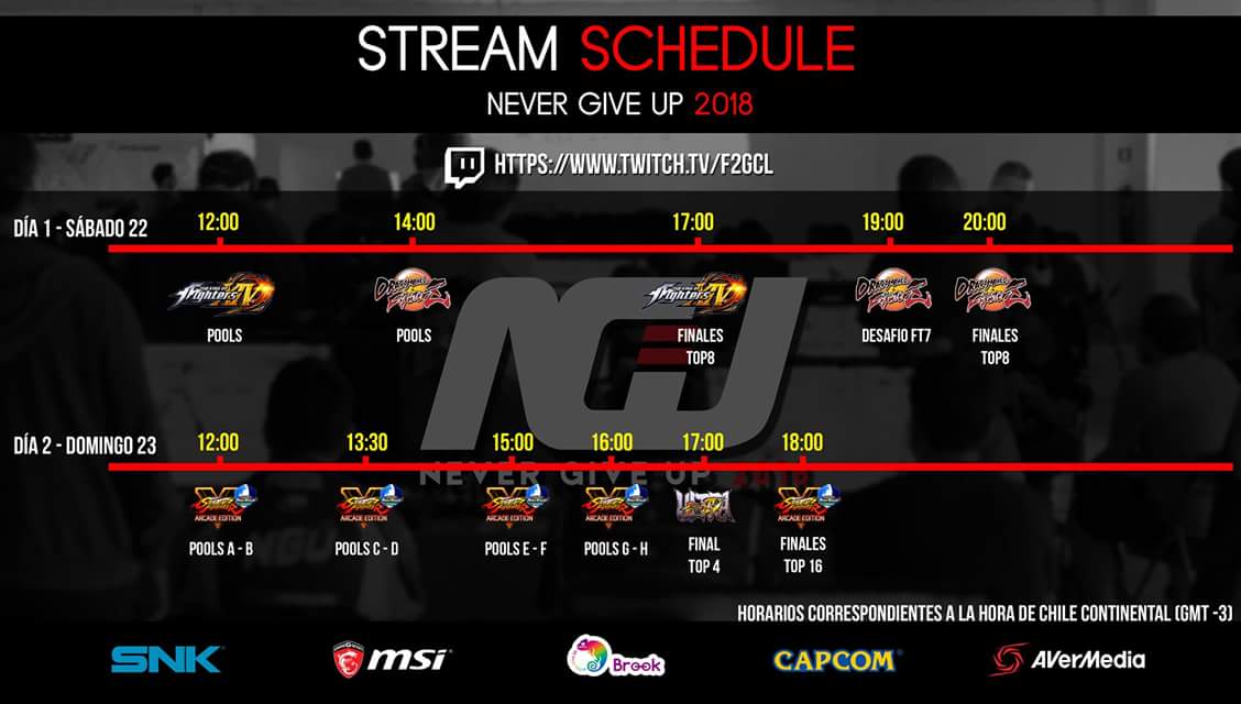 FighterChile's tweet photo. Horarios y programación #NGU18 22 y 23 de Septiembre. #FGC #NeverGiveUp #OnlyForPro #SFV #KOFXIV #DBFZ @f2gcl @shoryukendotcom @CapcomFighters @BandaiNamcoLA @SNKPofficial @neogeoworldtour https://t.co/leN0vBnOfL