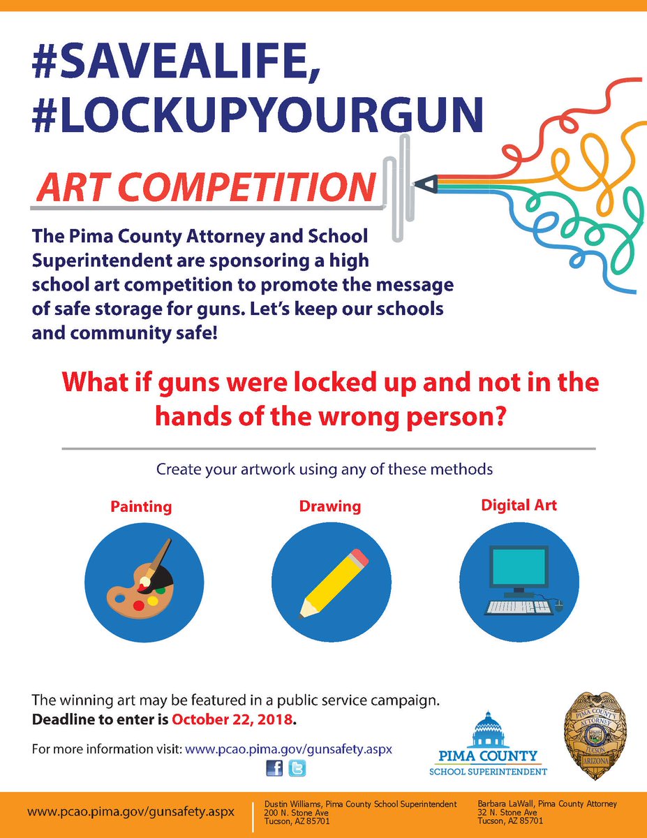 AmphiSchools's tweet photo. CALLING ALL HIGH SCHOOL #ARTISTS! @PimaSchoolSup has partnered with the Pima County Attorney’s Office to host an #art competition and art show promoting gun safety. Students can win awards and prizes!  https://t.co/KaJ6QNWwy2 @Amphipanthers  @CdOHighSchool @IRHSCounseling https://t.co/tiEsIY4S5F