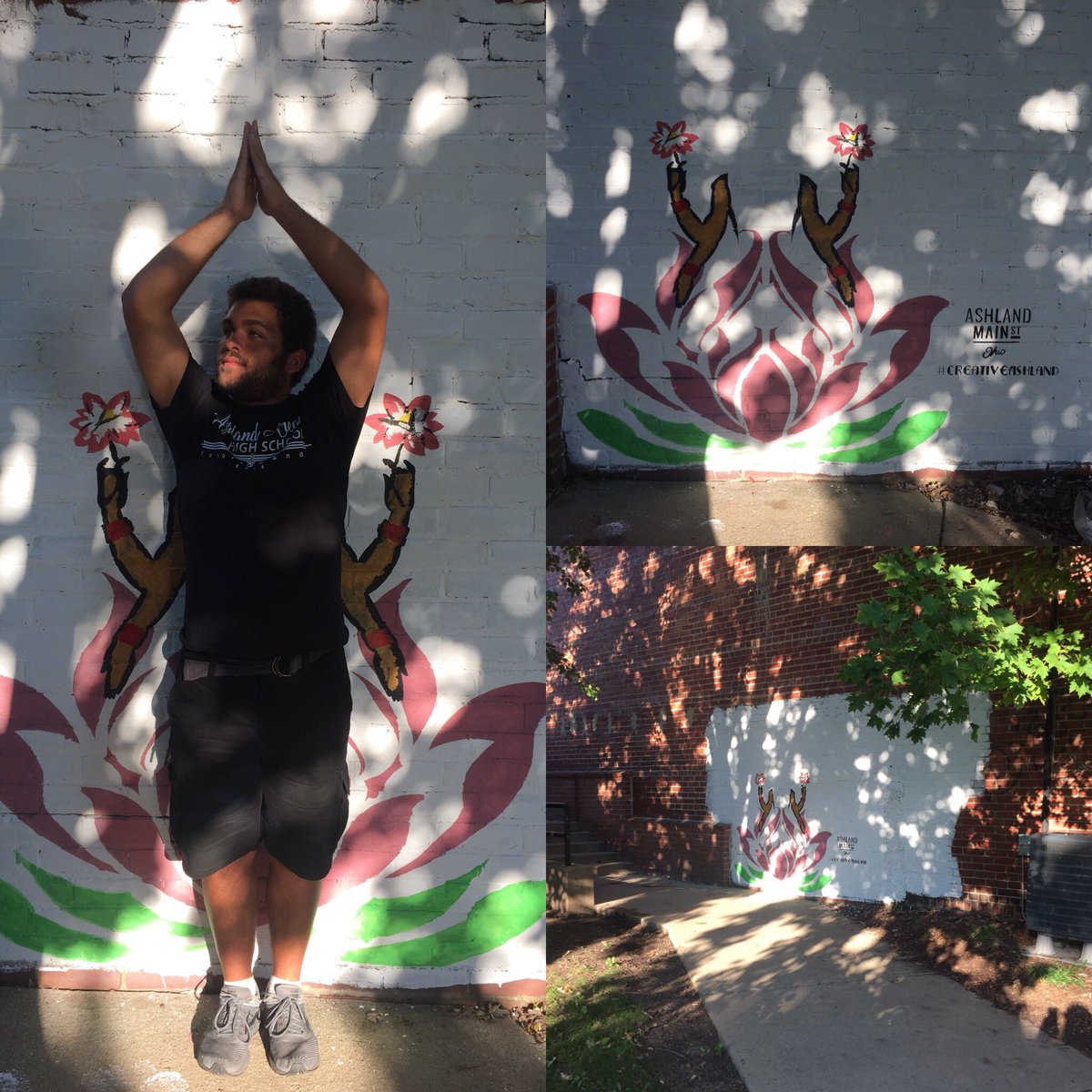 tphoneman99's tweet photo. Let’s see who’s the first in #ashlandoh to strike a standing #yoga pose! #vriksasana #garudasana #tadasana anyone? #creativeashland #ashlandmainstreet #streetart #paintedbrick #wallart #lotus #paint #vandalism https://t.co/eR1heUaDrM