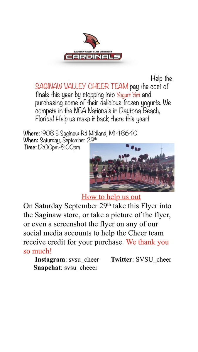 SVSU_Cheer's tweet photo. Important dates coming up❗️Be sure to screenshot and get some yogurt❤️🖤 https://t.co/xOJc51cdUv