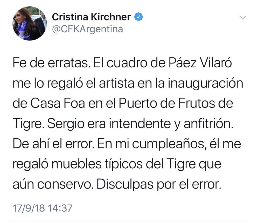 Señora ex Presidente:
El obsequio del artista Páez Vilaró debió haber sido incorporado al patrimonio del Estado nacional. O sea, esa obra de arte debe ser devuelta (Ley de Ética Pública). Atentamente la saluda, la “no” abogada