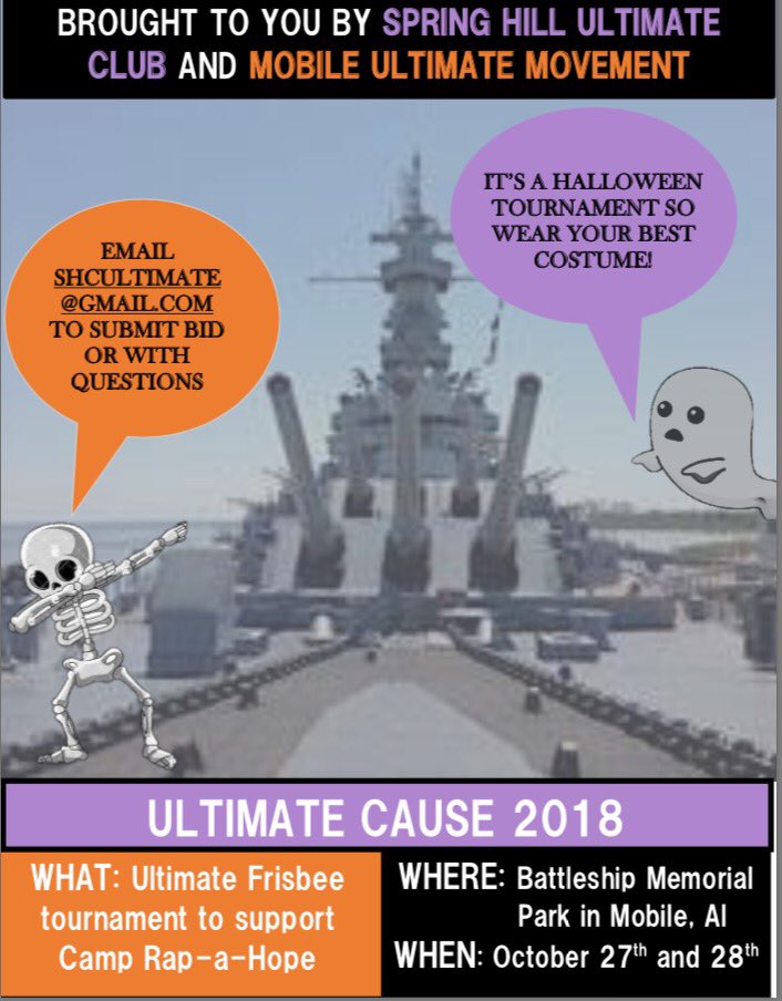 SHCUltimate's tweet image. Mark Your Calendars for October 27th &amp;amp; 28th We will be co-hosting the Ultimate Cause Tournament at Battleship Memorial Park. Feel free to email or message us with any questions!
