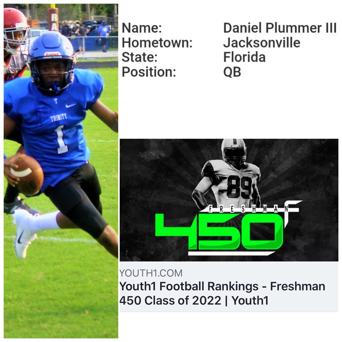KeithPlummer16's tweet photo. #QBDp3 has been named to Youth1 Media's Freshman Top 450 Players in the Country for the Class of 2022 under the List of Quarterbacks . This list is very talented!! @Pray4itQBDP3 @KToliver96 @Youth1Football @KnightBred_41 @DuvalSports @dreamkingfilmz @AthleticsTca @itgnext https://t.co/IzuNMCUF9V