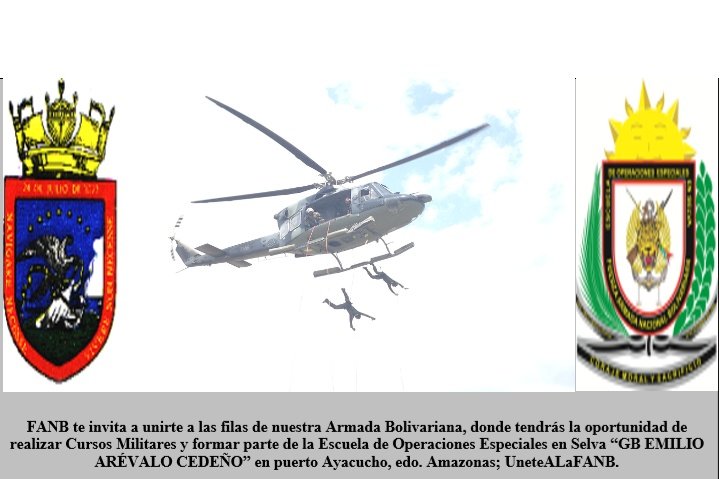 ESOPSELVA1's tweet photo. #FANB te invita a unirte a  las filas de nuestra Armada Bolivariana, donde tendrás las oportunid de realizar cursos militares y formar parte de la Escuela de Operaciones Especiales en Selva "GB EMILIO ARÉVALO CEDEÑO" en Puerto Ayacucho, Edo. Amazonas  #UneteALaFANB https://t.co/EHauHTaZOS