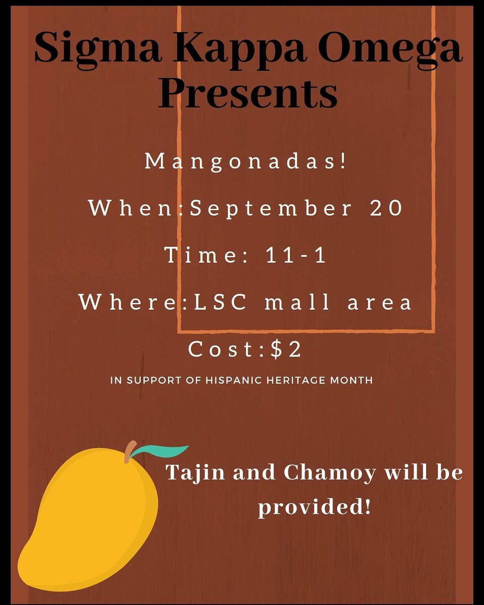 SKObeta's tweet photo. Come out and support Hispanic Heritage Month and Sigma Kappa Omega with our Mangonada sale!💜  Its going to be a treat you don't want to miss👀😎

#hispanicheritagemonth #sko #mangonadas https://t.co/Eb1H1kt3Bw