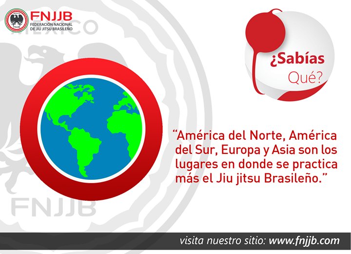 Sabías que … 

America del Norte, America del Sur, Europa y Asia son donde más se practica el jiu-jitsu brasileño. 

Federación Nacional de Jiu-jitsu Brasileño 
Visítanos en fnjjb.com
