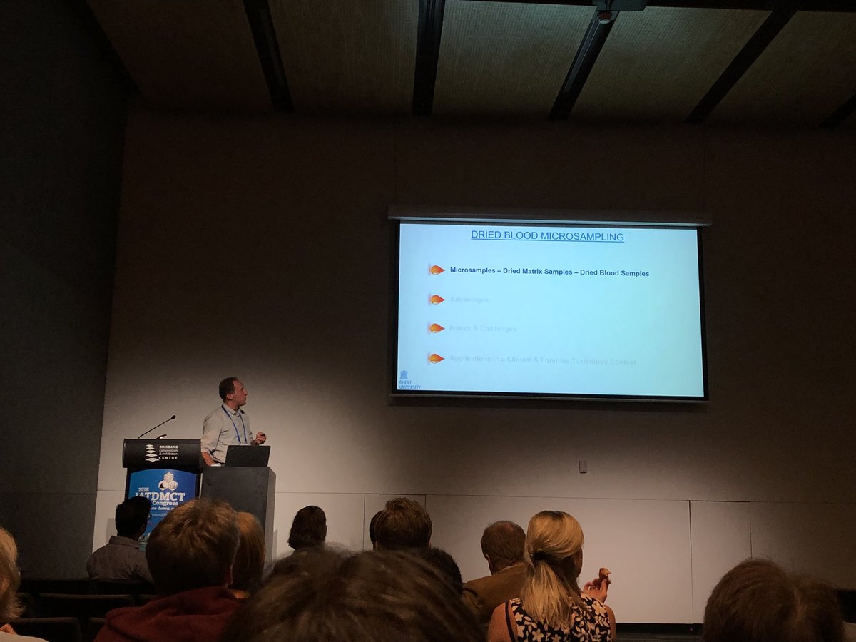 DrLanceBrooker's tweet photo. Challenges and limitations of dried blood spot analysis. Wonderful to hear @christophestove speak loudly @ @IATDMCT #IATDMCT2018 @ugent https://t.co/TYNTRRukzn