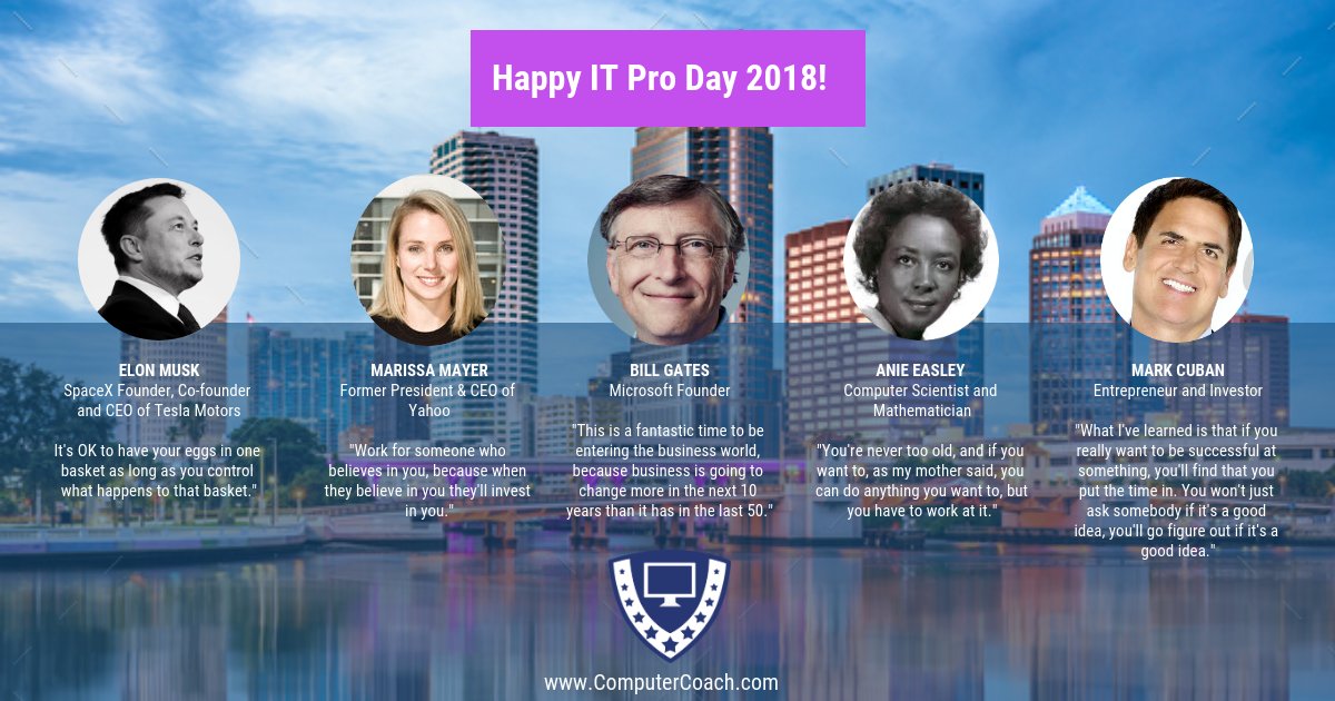 ComputerCoach1's tweet image. Happy IT Pro Day! If you’ve always wondered what IT jobs are like call is. We’d live to chat. s.ripl.com/5cs3la #ComputerCoach #ITCareer #CareerSuccess