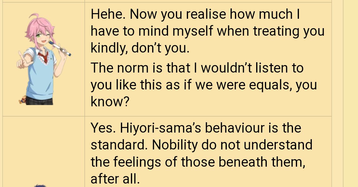 While we are on the topic, the Himemiya family is actually known because unlike other noble families they treat their servants with care, Tori included. Even the way he treats Yuzuru is to that of an equal, contradicting the way he calls him a slave.