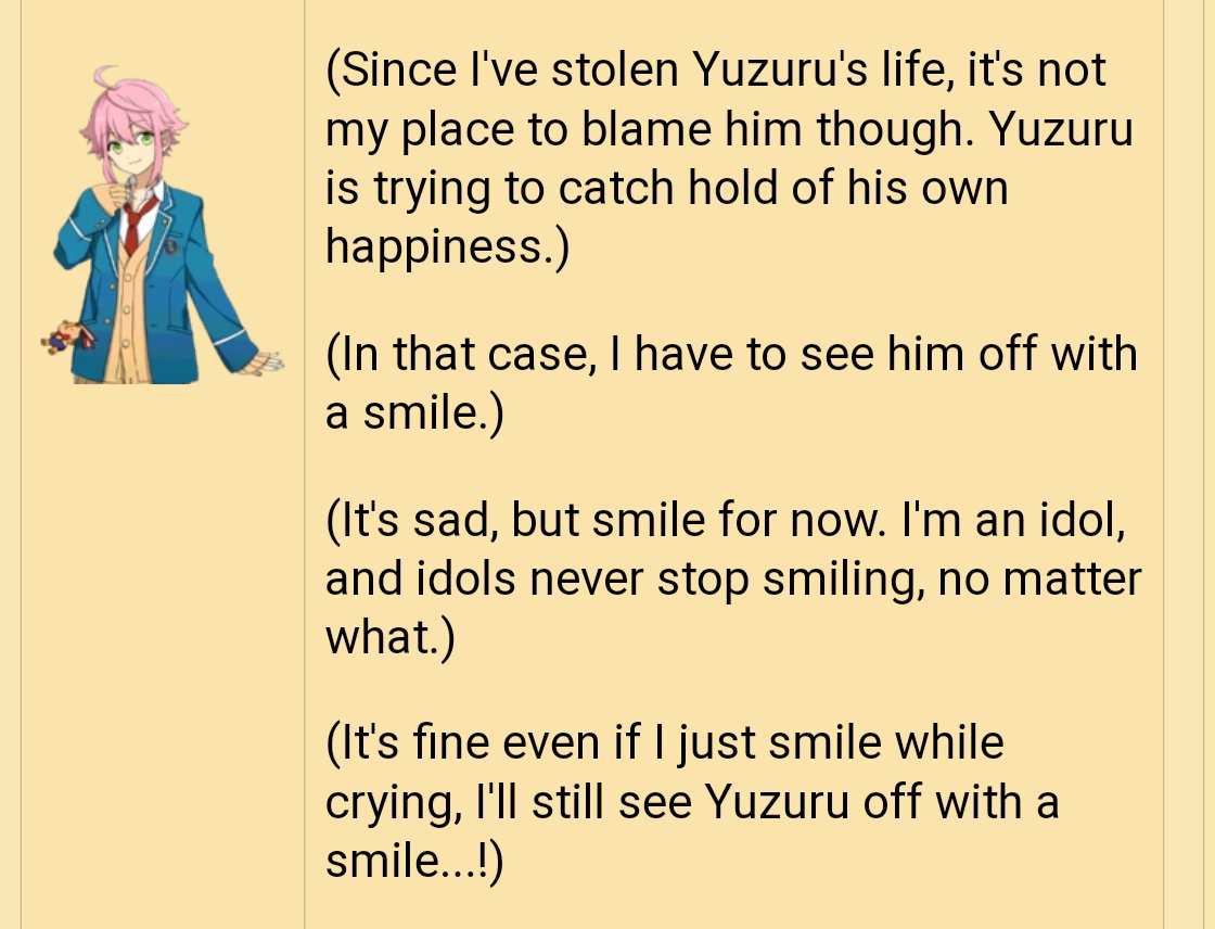 Talking about Yuzuru, he does feel guilty about the fact that Yuzuru has to be constantly taking care of him, going as far as saying he stole his freedom, and he doesn't like it one bit, to the point that he has mentioned that if Yuzuru ever left him, he would think it's fair