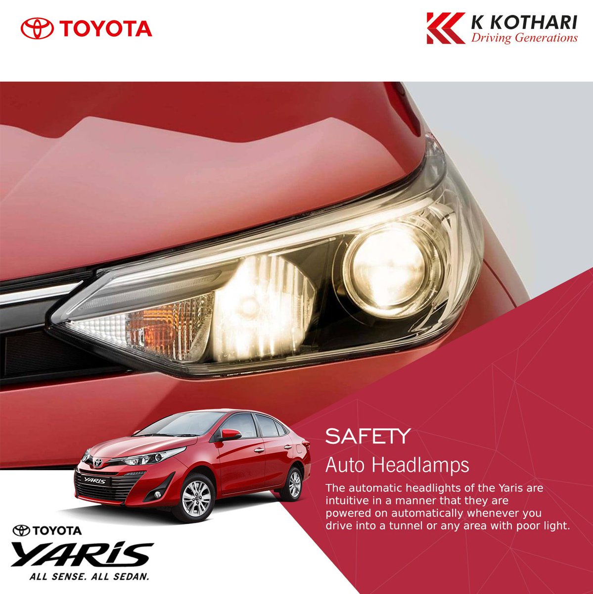 KothariToyota's tweet photo. The automatic headlights of the Yaris are intuitive in a manner that they are powered on automatically whenever you drive into a tunnel or any area with poor light. For test drive call now at 7030979797 #toyotayaris #yaris #toyotacars #punetoyota #yariscar #sedancar https://t.co/HBDWECgxVE