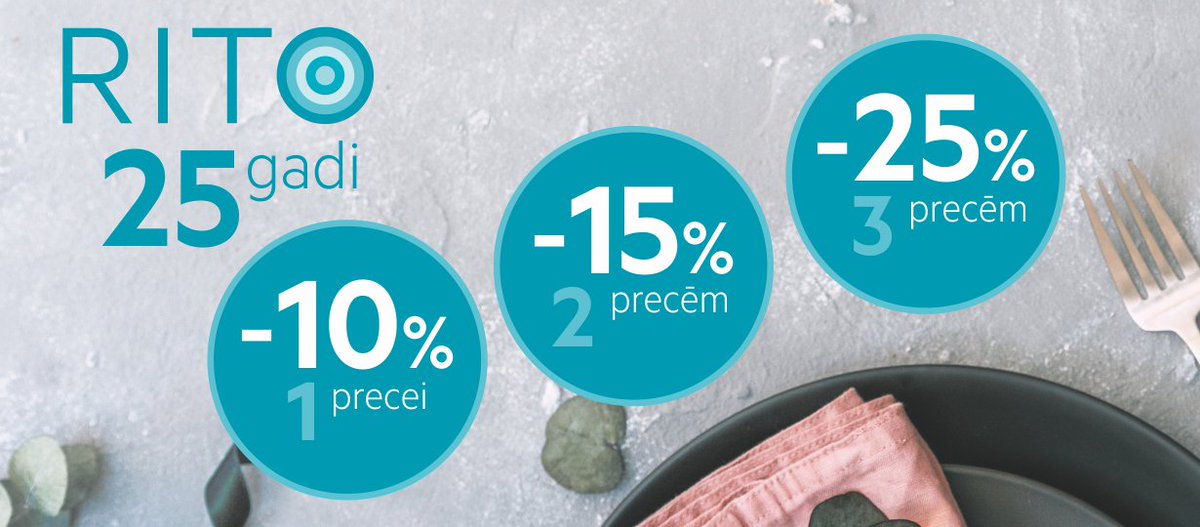 Rito_lv's tweet photo. Veikaliem RITO 25 gadi! 🍾🎂🥂 Ielūdzam uz svinībām visos veikalos RITO – pērkot 1 preci, dāvinām 10% atlaidi, pērkot 2 preces 15% atlaidi, bet, pērkot 3 preces, saņemsi 25% atlaidi! Svinam kopā veikalos RITO Rīgā, Liepājā un Ventspilī līdz 30. septembrim. Lai dzīve skan! https://t.co/K08GiplVT0
