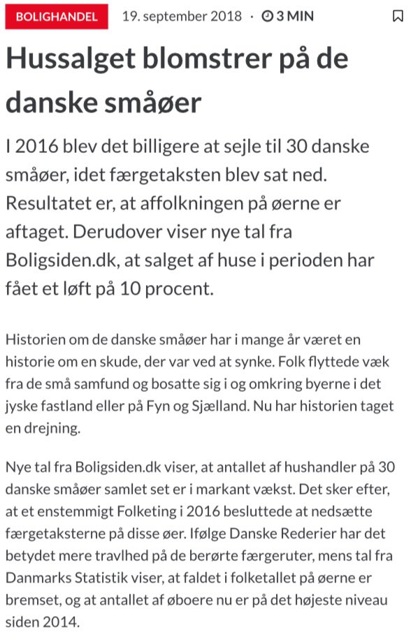JohanMoesgaard's tweet photo. Politik virker. Nedsættelsen af færgetakster har givet et boom i hussalget på de danske småøer. Læs hele artiklen på @Boligsiden. Rigtig god nyhed for #dkprovins ⚓️🇩🇰👍. @LDFdk #blaadk https://t.co/KQpdFINNPJ