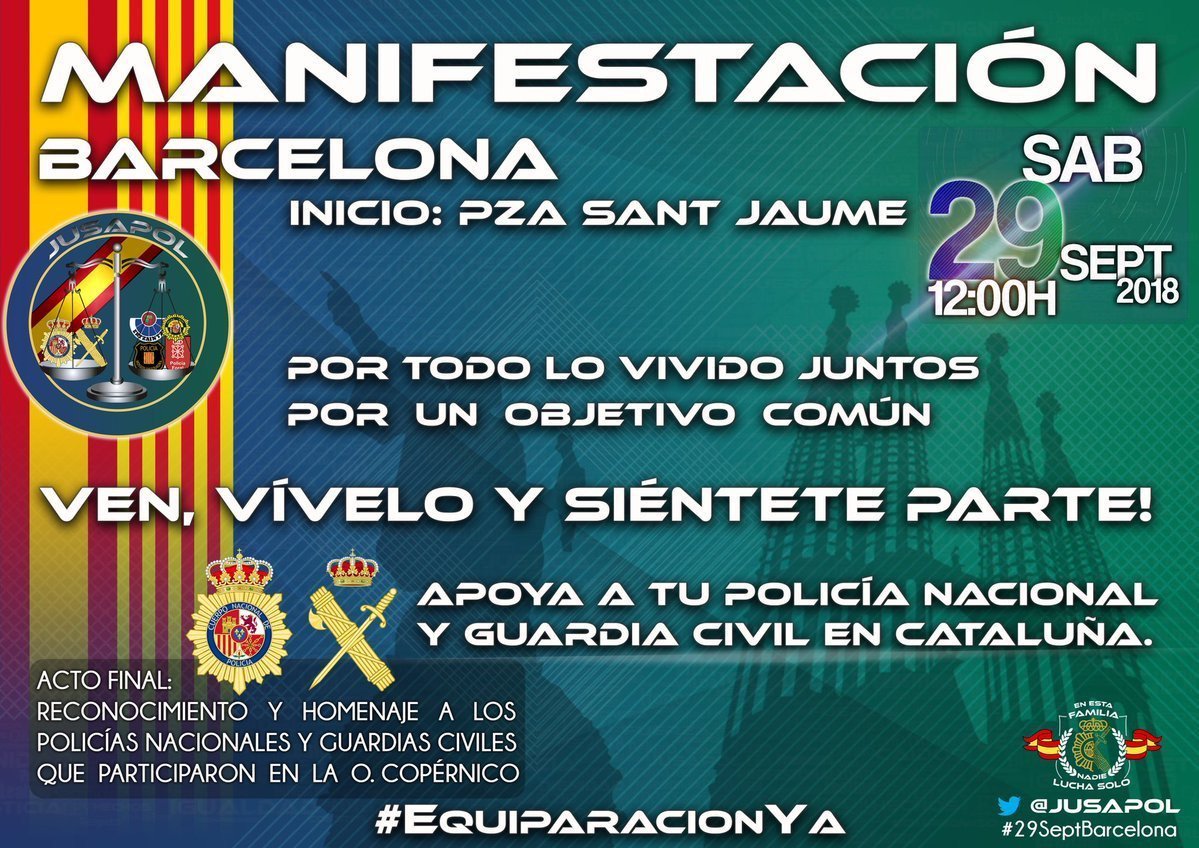 La manifestació convocada és il.lícita d'acord amb l'art. 1.3 LORDR: té com a finalitat celebrar una vulneració massiva de drets fonamentals de la ciutadania de Catalunya per part de la PN i la GC i una actuació desproporcionada que està investigant el Consell d'Europa.