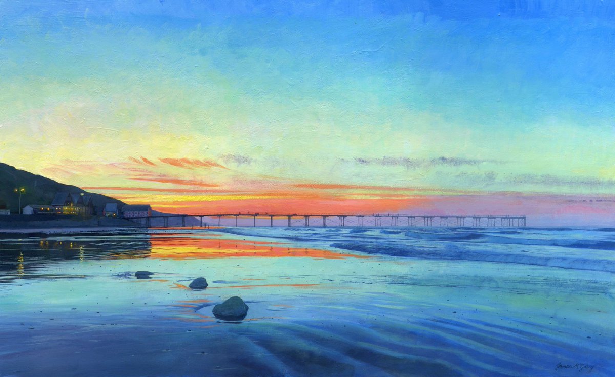 JamesMcgairyart's tweet photo. Saltburn Sunset, acrylic on board. #painting #SaltburnByTheSea #acrylicpainting #saeside #NorthSea #sunset #beach https://t.co/uH0ZD7bCpW