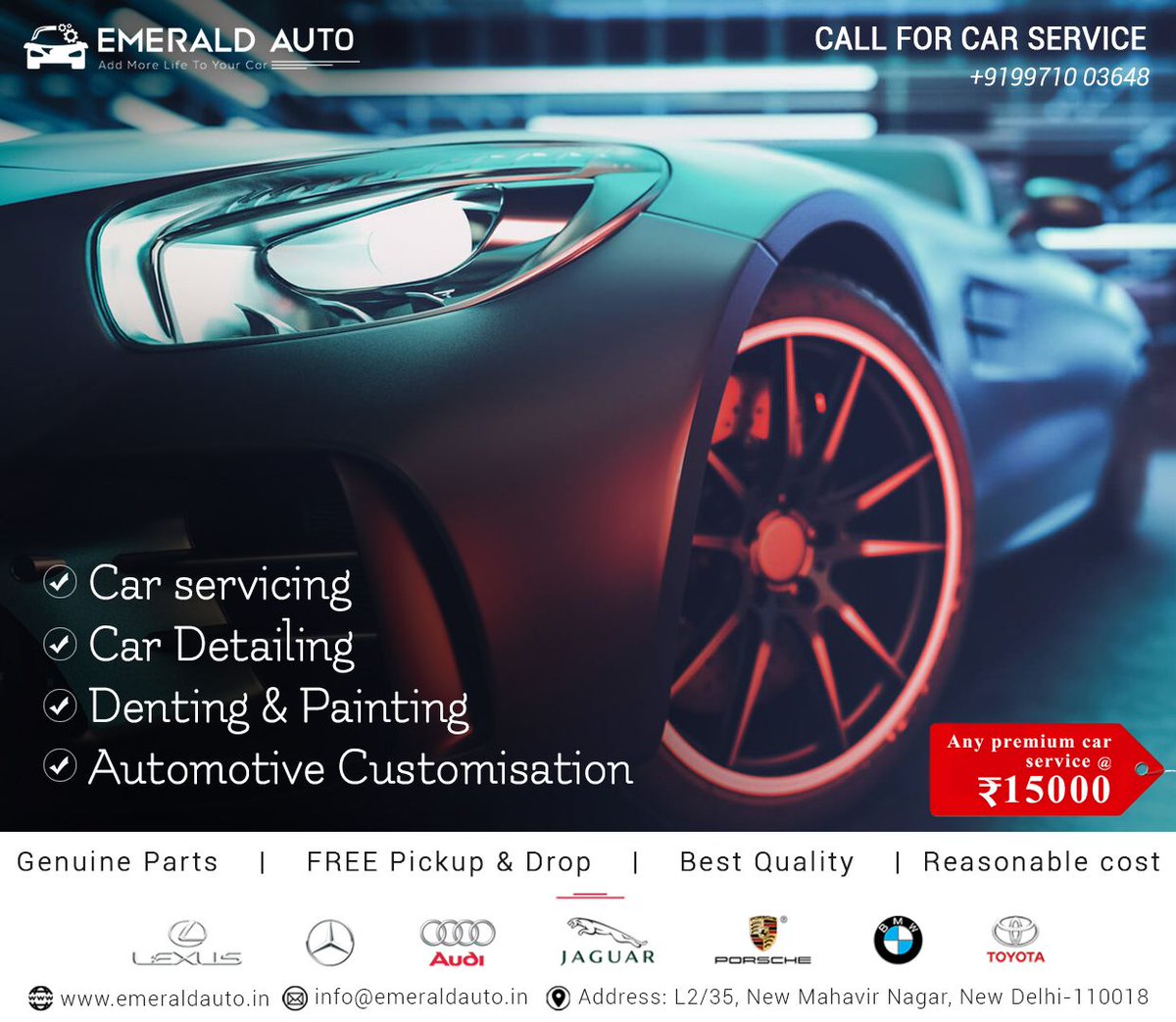 Emeraldautoind's tweet photo. Get you car serviced by #Emerald #Auto.

FREE PICK UP &amp; DROP FACILITY AVAILABLE.

For more details, visit our website @ https://t.co/tgGP255BQF or CALL NOW @ 9971003648

#Emeraldauto #mywork #mypassion #professionaldetailing #jaguar #audi #toyota #lexus #porsche #WednesdayWisdom https://t.co/g6i7dbKXXv