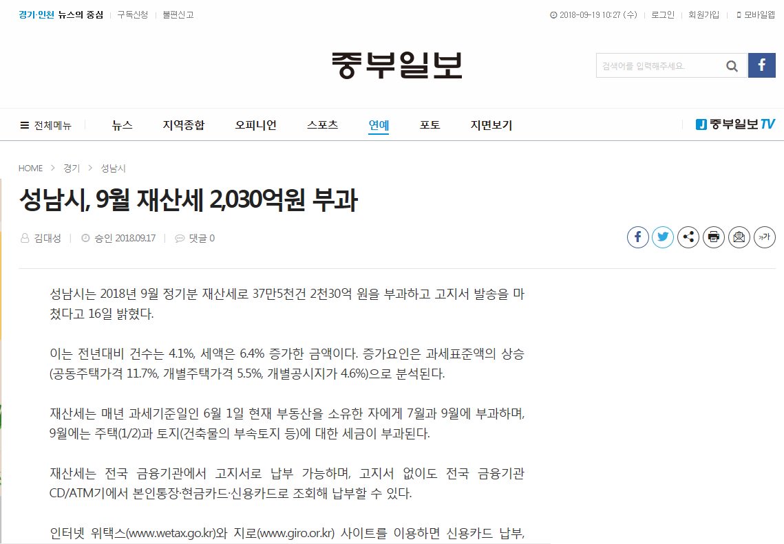 #성남시 2018년 9월 정기분 재산세 37만5천건 2천30억 원을 부과. 재산세는 매년 과세기준일인 6월 1일 현재 부동산을 소유한 자에게 7월과 9월에 부과하며, 9월에는 주택(1/2)과 토지(건축물의 부속토지 등)에 대한 세금이 부과된다.
▷중부일보 기사보기 joongboo.com/news/articleVi…