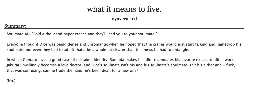 nyavericked's tweet photo. https://t.co/oIBSYotWaV what it means to live: soulmate au, gendice 📚🎲 30k. 

fate and chance are just two sides of the same constantly flipping coin. https://t.co/gkfbC3SUo4