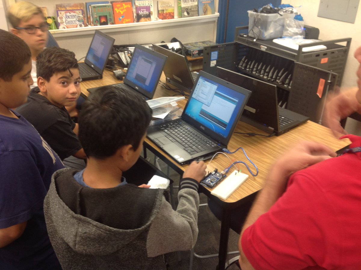 markswanson7115's tweet photo. Boys' Arduino class big smiles just coding a blinking light. More advanced projects in their future.  Girls' class on Thursday looking forward to watching all grow into computer engineers. Or at least the desire to be one. https://t.co/KLJiE9J6sq