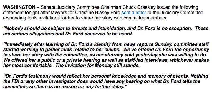 Senate Judiciary Committee chairman Grassley responds to letter from Christine Ford's lawyer