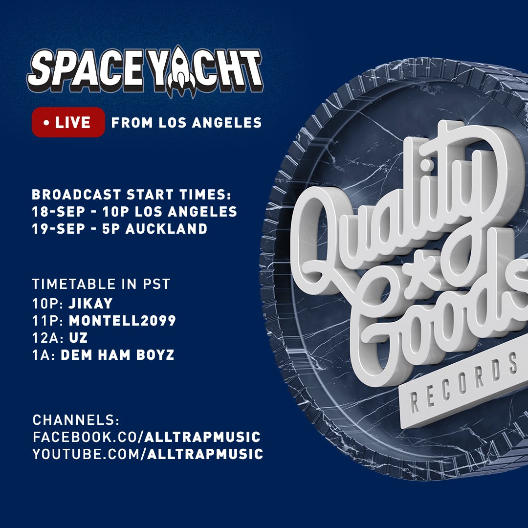 Tonight's <a href="/QGRecs/">Quality Goods Records</a> showcase will be live-streamed on <a href="/AllTrapMusic/">All Trap Music</a> via their Youtube and Facebook channels.

STREAM BEGINS AT 10 PM PDT

youtube.com/alltrapmusic 
facebook.co/alltrapmusic 
powered by <a href="/Serato/">Serato</a> 

last tickets available at go.spaceyacht.net/qgr