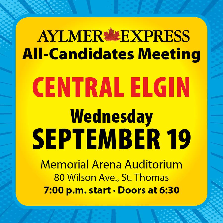 AylmerExpress's tweet photo. See you Wednesday night Central Elgin! Bring your questions for the candidates - bring donations for the food drive. #municipalelections #centralelgin https://t.co/P8SzVfSECV