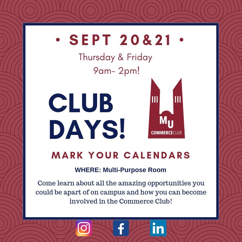 MUCommerceClub's tweet photo. Come meet our team and learn more about the Commerce Club this Thursday and Friday at club days, look forward to meeting you there! https://t.co/8Ec0vlnXOV