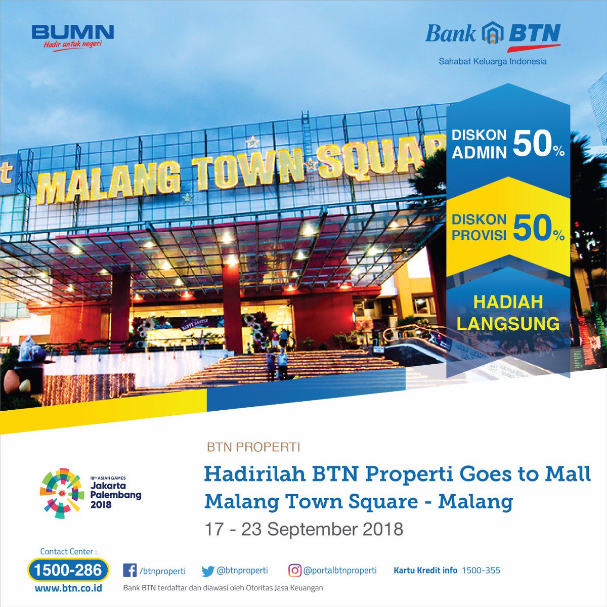 Buat sahabat BTN Malang dan sekitarnya yang belum punya rumah dan pengen punya rumah, dateng yuk ke BTN Property Goes To Mall di Matos tgl 17-23 Sep 18. Dapatkan promo diskon provisi &amp; admin 50% &amp;hadiah langsung. Ditunggu ya rek... #matos #malangtownsquare #acaramatos #eventmatos