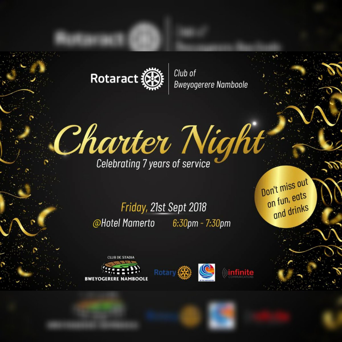 Rotaract Club of Bweyogerere Namboole (@destadia) on Twitter photo Reminder!!!
This Friday we shall be celebrating 7 years of service as <a href="/Destadia/">Rotaract Club of Bweyogerere Namboole</a> and during this, we shall be adding on to our family members, keep tuned and see who it is, joining the big warm wonderful Family.
Lots of eats, drinks & so much fun!
#Destadiaat7
#Destadiafridays Reminder!!!
This Friday we shall be celebrating 7 years of service as <a href="/Destadia/">Rotaract Club of Bweyogerere Namboole</a> and during this, we shall be adding on to our family members, keep tuned and see who it is, joining the big warm wonderful Family.
Lots of eats, drinks & so much fun!
#Destadiaat7
#Destadiafridays