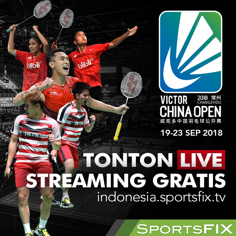 SportsfixTV's tweet photo. @bulutangkisRI 
TONTON LIVE STREAMING GRATIS BWF China Open 2018 untuk seluruh badminton fans di Indonesia dari 19-23 September. Kunjungi link ini: https://t.co/K6elavRjPt untuk menyaksikan pejuang badminton Indonesia. #badminton #bulutangkis @myXL @bwfworldtour https://t.co/G44KA9Frma